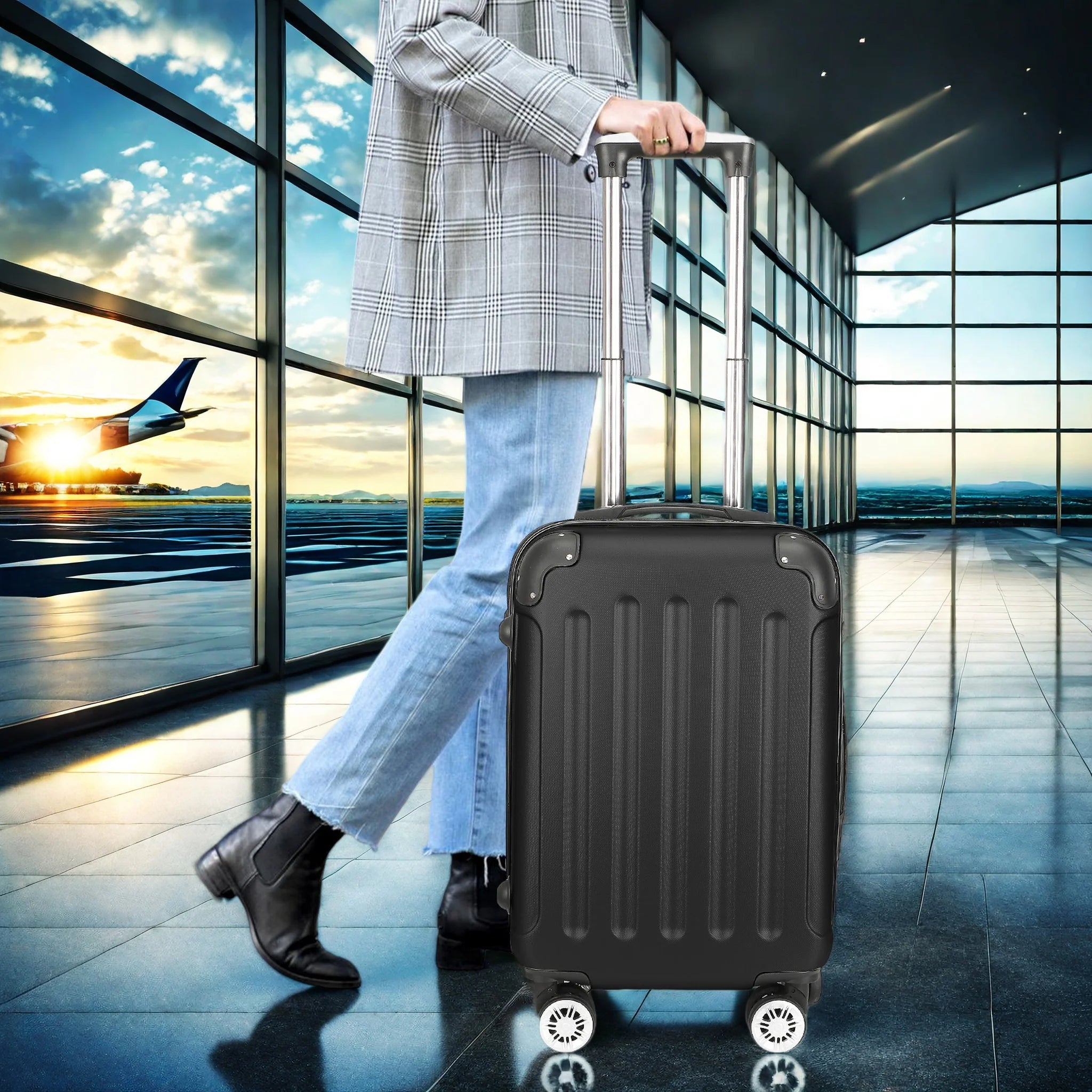 Comanlai 3Pcs Rolling Luggage Sets, Black Hard-shell Suitcases, Classical Striped Design, with 360° Universal Wheels, TSA Lock and Telescopic Handle,  for Business Outdoor Travelling
