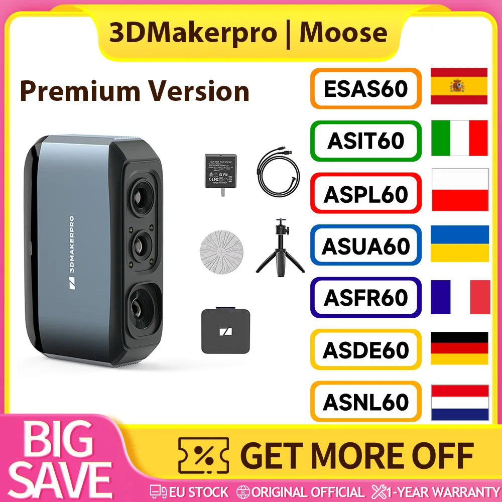 3DMakerpro Moose 3D Scanner, Al Visual Tracking, 0.07mm Resolution, 0.03mm Accuracy, Blue LED Light Source, 24-bit Color Camera, 10fps Frame Rate, Anti-Shake Lenses, Compatible with Windows/MacOS - Premium Version, Marker Fre Main image