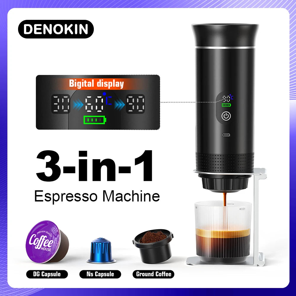 DENOKIN Portable Espresso Coffee Machine With Digital Display 3-in-1 Capsule Coffee Maker for Car & Home Camping Coffee Maker Main image