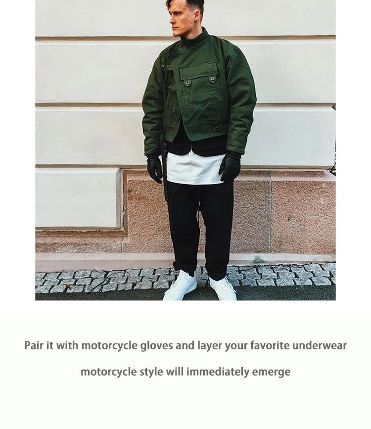 Swedish motorcycle jacket, men's retro military green casual cropped jacket, 100% cotton canvas workwear asymmetric safari style