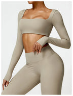 Hearuisavy Summer Casual Quick Dry Sportswear Women Square Neck Gym Top Women Fitness Sports Crop Top Long Sleeve Yoga Clothing