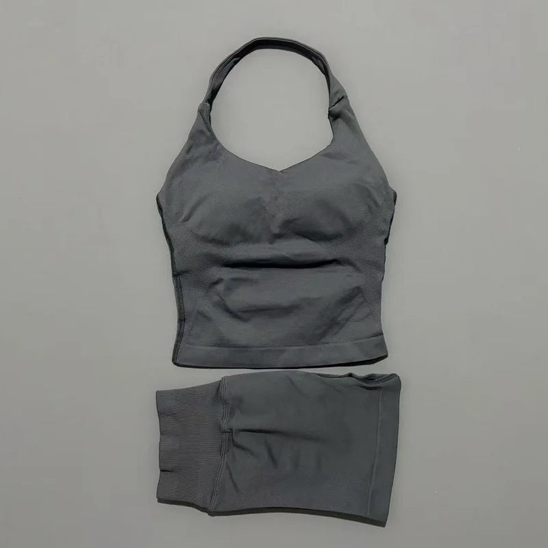 2pcs Sports Set Women Backless Tank Tops High Waist Scrunch Seamless Shorts Fitness Clothes Activewear Workout Sets Gym Suit