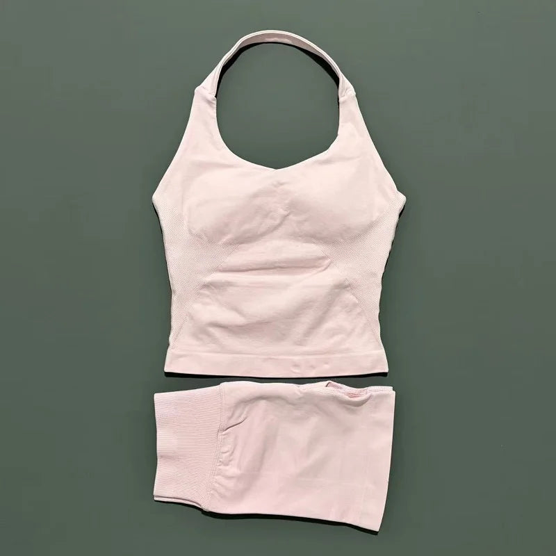 2pcs Sports Set Women Backless Tank Tops High Waist Scrunch Seamless Shorts Fitness Clothes Activewear Workout Sets Gym Suit