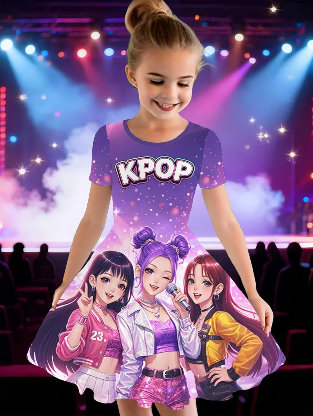 Kpop Cartoon Graphic Dress for Girls Funny Gift for Fan Harajuku Girl Clothes Summer Tops Short Sleeve Dress Children's Clothing