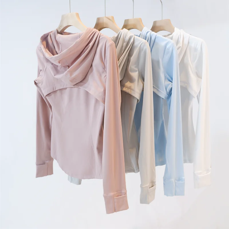 Women's hooded breathable outdoor running fitness yoga suit, woolen cardigan long sleeved top