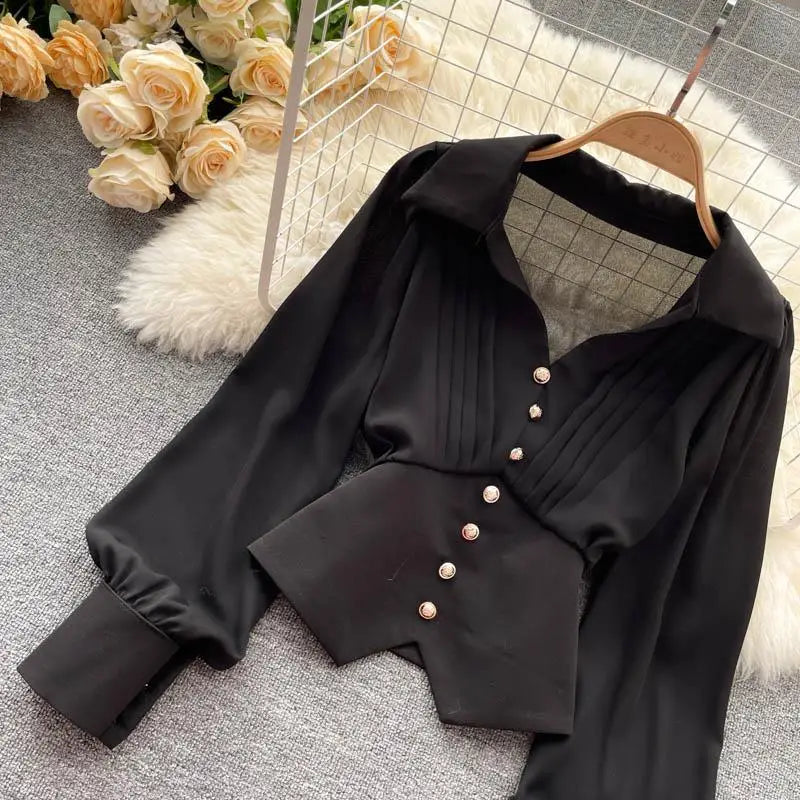 White Casual Polo-Neck Pullover Buttons Puff Sleeve Straight Women's Blouse Short Shirt Female Clothing Tops 2024 Fashion