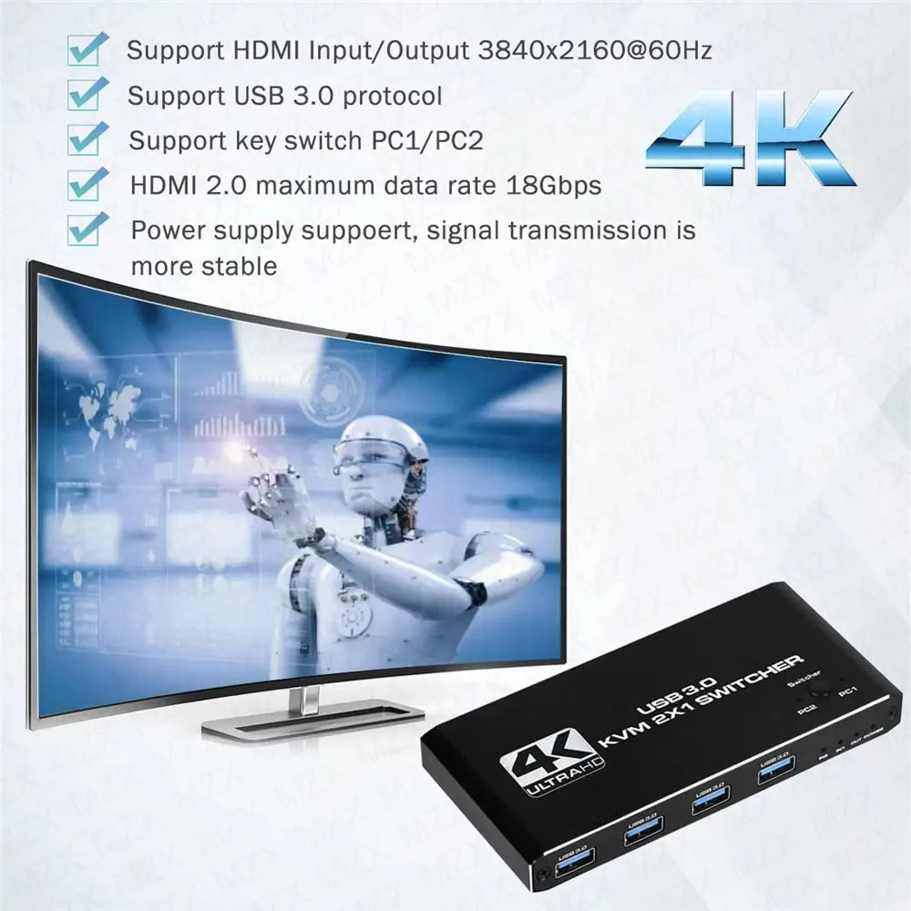 KVM Switch 4K 60Hz Switcher USB 3.0 Hub Docking Station Splitter Dock 2 Computers Share Keyboard Mouse Printer PC Accessories