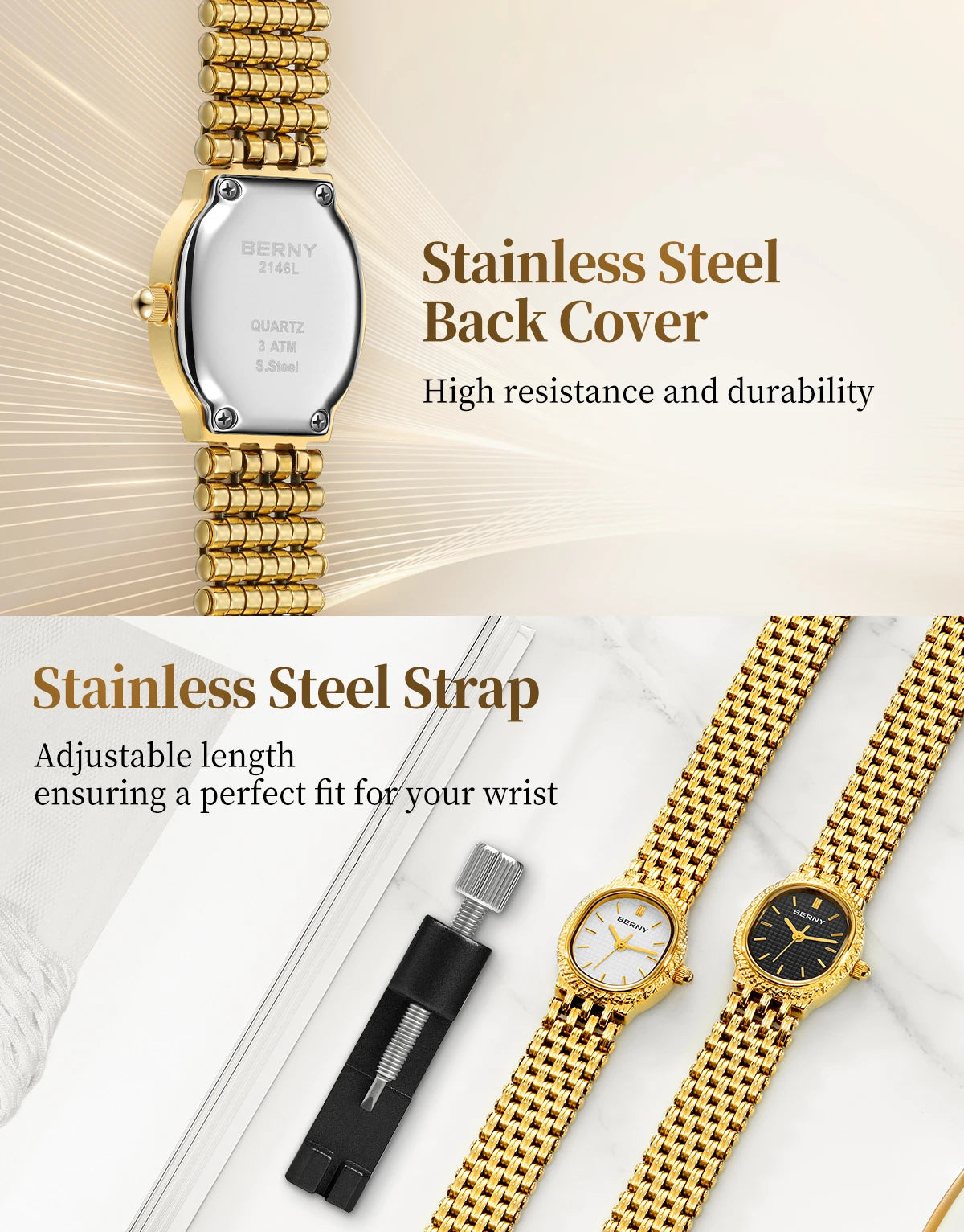 BERNY Gold Women's Watch Luxury Small Dial Ladies Gold Watch Jewelry Bracelet Quartz Lady Watch Stylish Fashion Women Watches