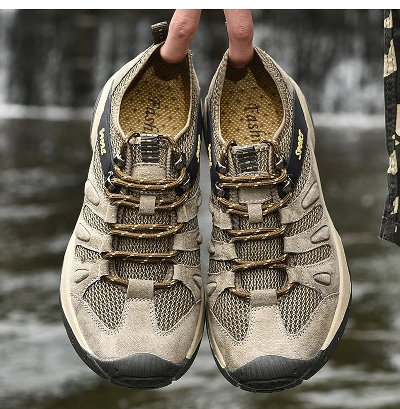 Spring Summer Leather Mesh Outdoor Trekking Shoes Hiking Shoes  Walking Tourism Camping Upstream Sneakers Anti-Slip Breathable