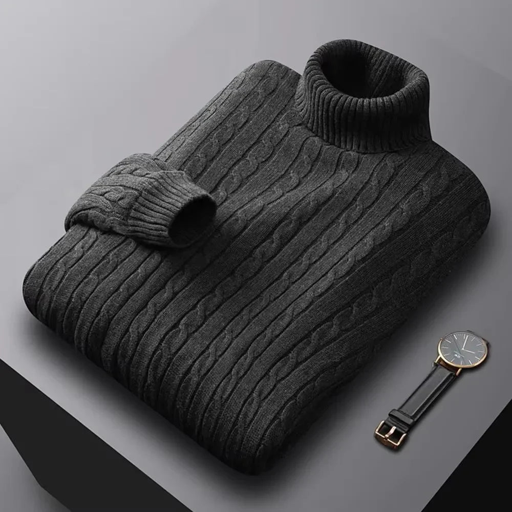 Autumn New Men's Turtleneck Jacquard Sweater Solid Color Knitted Pullover Casual Warmth High Elastic Versatile Male Sweatwear Main image