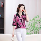 Summer half sleeve Shirt Fashion Commute All-match Ice Silk Printed Button Loose Women's Blouses Top