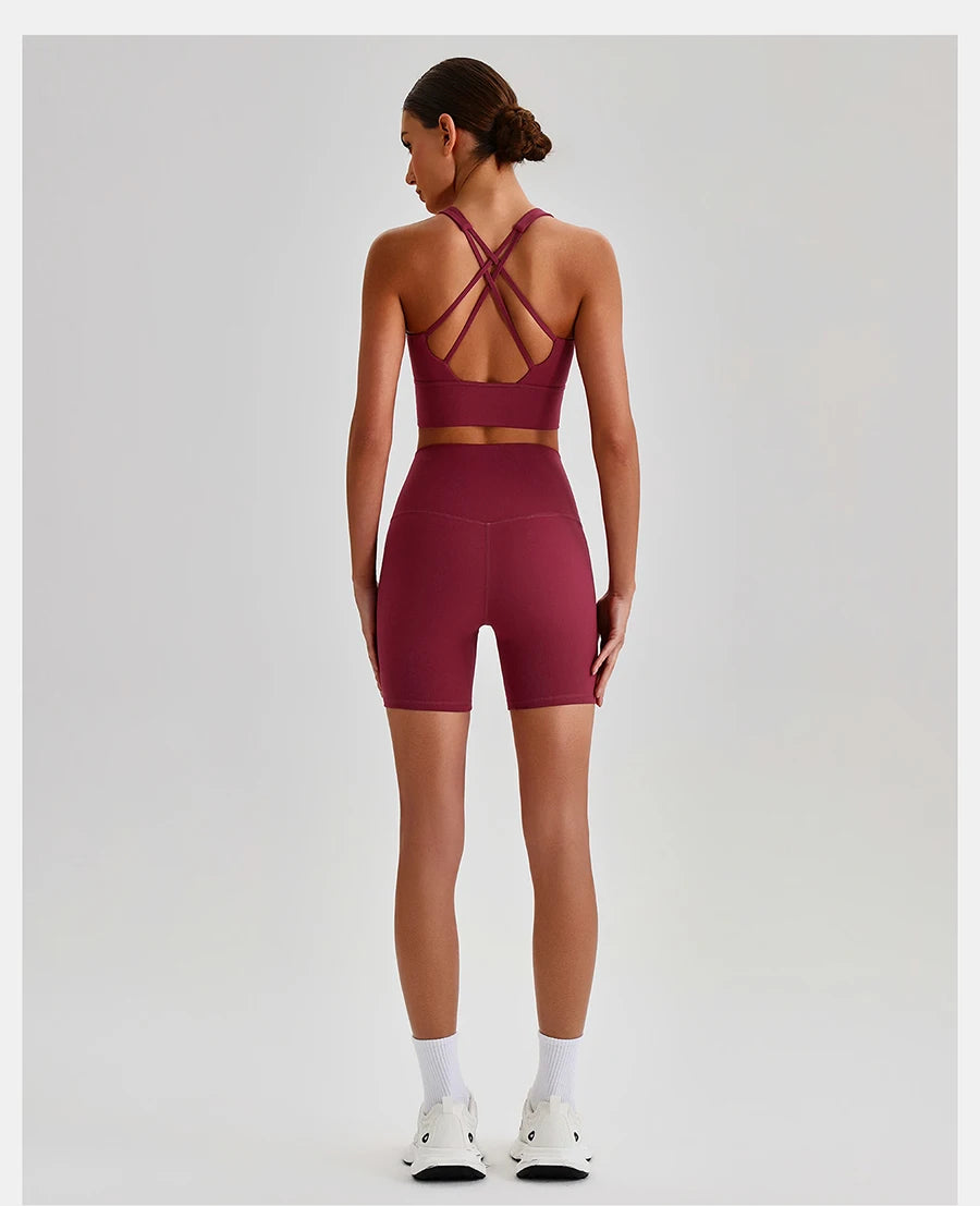 Buttery Soft Nylon Yoga Set Crisscross Back Sports Bra High Waist Biker Shorts 2 Piece Gym Set Workout Outfit Women Activewear