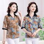 Summer half sleeve Shirt Fashion Commute All-match Ice Silk Printed Button Loose Women's Blouses Top