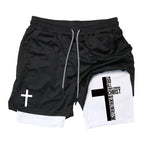 Print 2 in 1 Running Workout Shorts for Men Christian Gym Athletic Performance Shorts with Phone Pocket Towel Loop Activewear