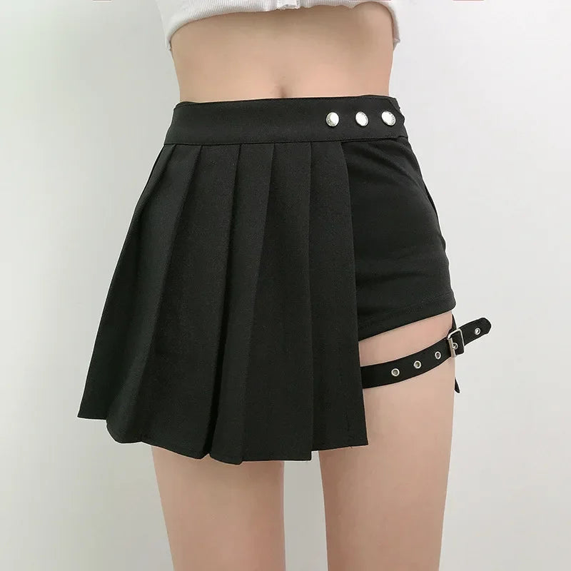 Summer Harajuku Punk Style Plaid Irregular Skirts Women Asymmetrical High Waist Black Skirts Pleated Girls Gothic Half Skirts Secondary image