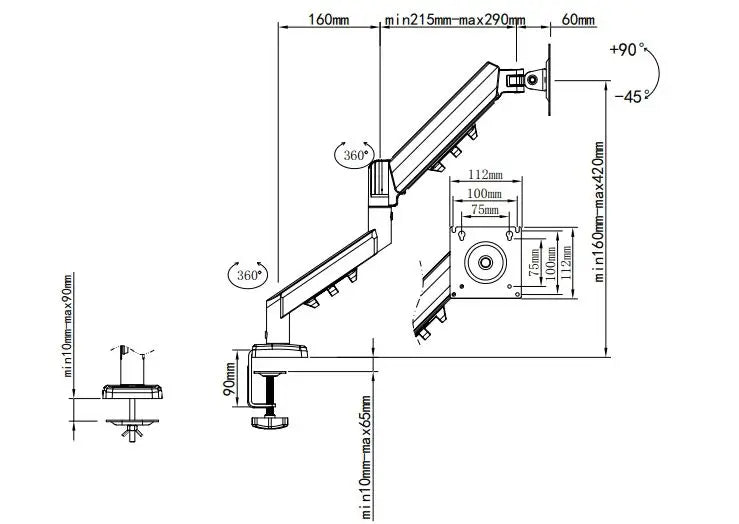 D-MOUNT D90 metal alumin 2-10KG 13"-32" monitor desktop stand mount gas spring arm full motion rotate clamp 0-60mm grommet