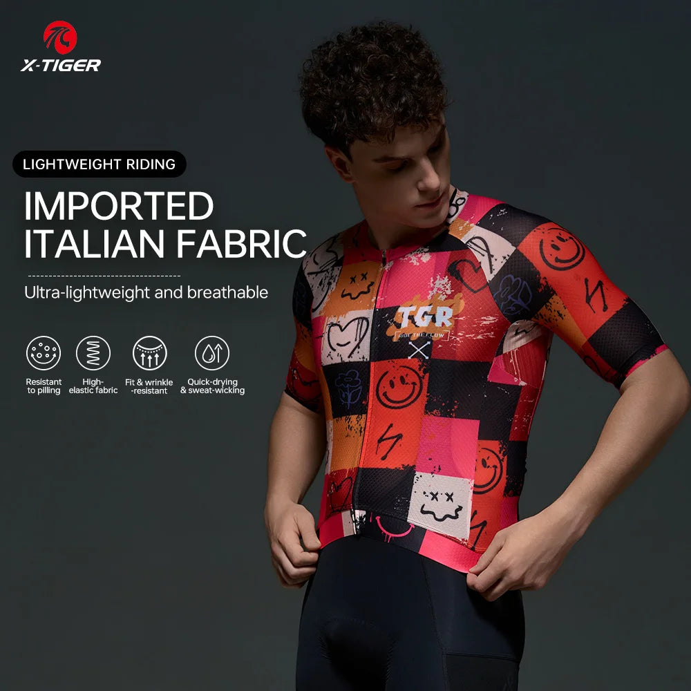 X-TIGER Summer Men's Cycling Jersey Short Sleeve Slim Fit GRAFFITI ART STYLE Breathable Maillot for Mountain Road Bike Pro