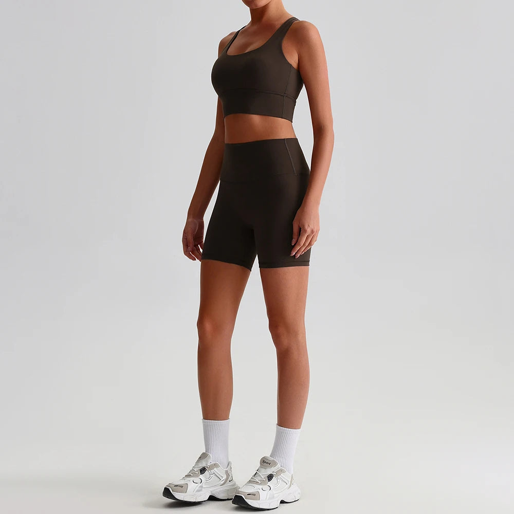 Buttery Soft Nylon Yoga Set Crisscross Back Sports Bra High Waist Biker Shorts 2 Piece Gym Set Workout Outfit Women Activewear