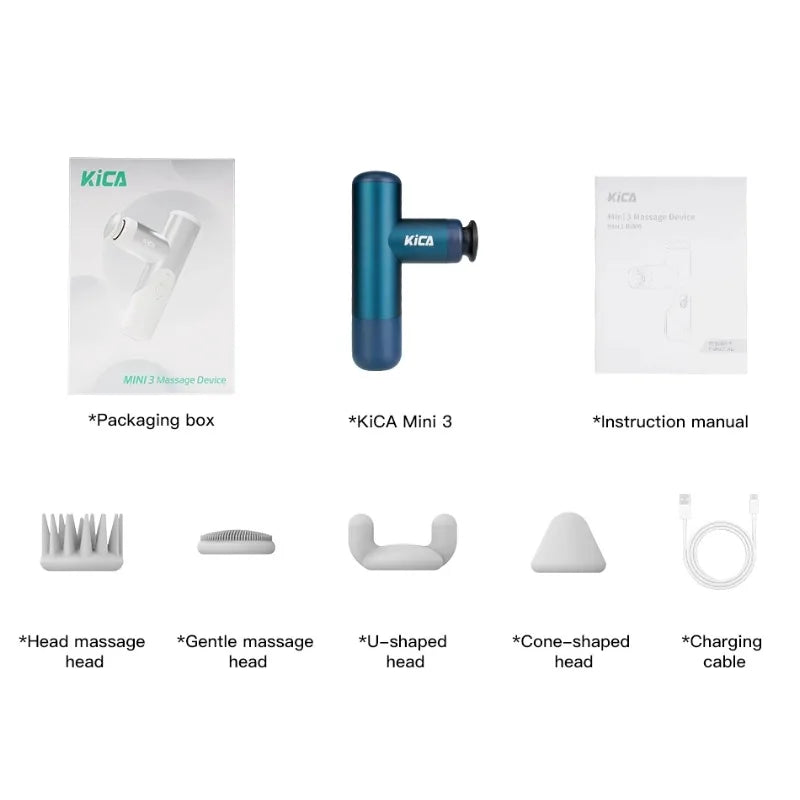 Kica Mini 3 Massage Gun, 3000RPM Stepless Speed, 7kgf Impact Force, 4 Heads, 255g Lightweight Sport Muscle Massager