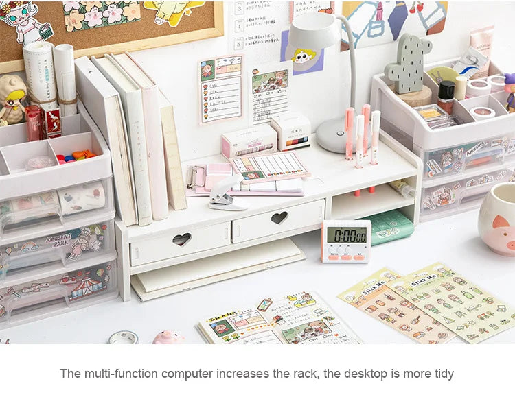 Pink White Student Storage Rack Heart Drawers Monitor Laptop Increase Shelf Office Screen Riser Holder Stationery Pen Storage