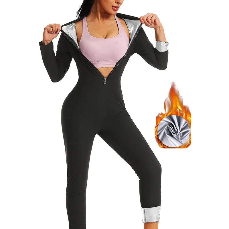 MrifDila Sauna Suit Jumpsuit Full Zip Up Sweatsuit Hot Sweating Jumpsuit Long Sleeve Romper Bottom Pants Sweating Bodysuit Shape