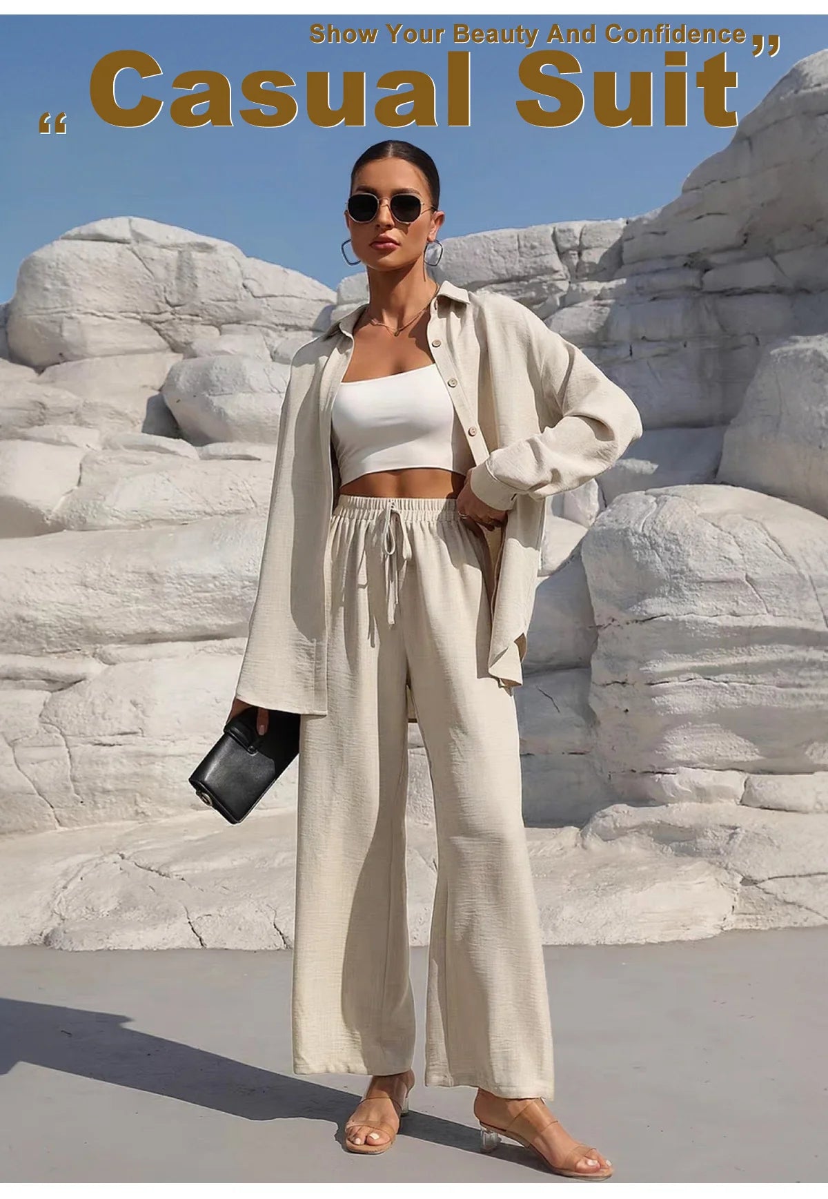 Women's Solid Button Front Shirt & Tie Front Wide Leg Pants Two-piece Set, Casual Drop Shoulder Long Sleeve Blouse Top & Trouser