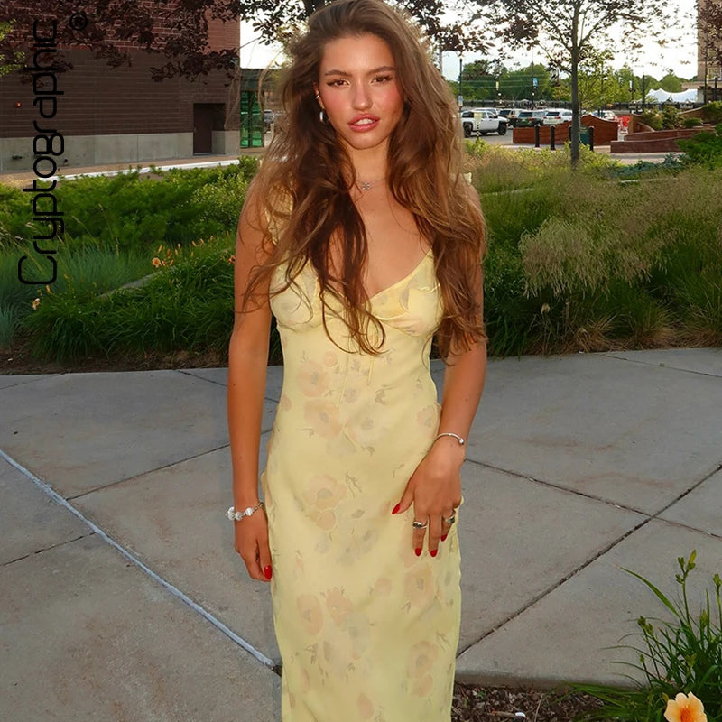 Cryptographic Summer Floral Print Plunge Maxi Dress Outfits Sexy Backless Fairy Sun Dresses Vacation Beachwear Vestido Coquette Main image