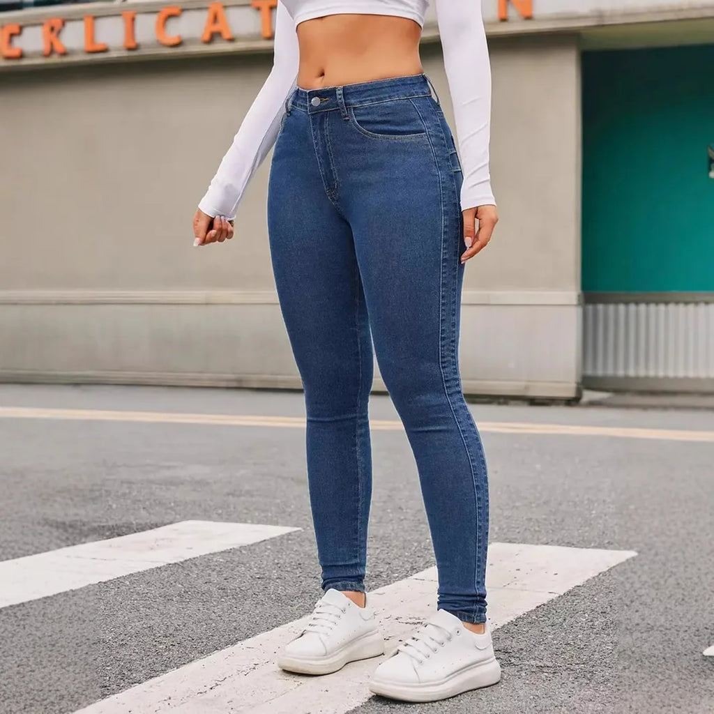 Women High Waist Stretch Denim Jeans Hip Lifting Skinny Pencil Pants Ladies Full Length Slim Solid Color Trousers