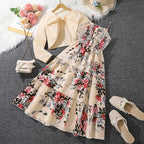 Kid Girl Long Sleeve Bow Design Coat & Beige All Print Shirred-Bodice Sling Dress Set Cute Sweet Elegant Princess Dress For Kids