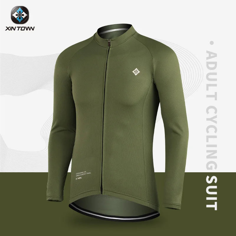 XINTOWN Men's Long Sleeve Cycling Jersey, Spring/Summer Racing Apparel, Export Bicycle Clothing, Solid Color Long Top