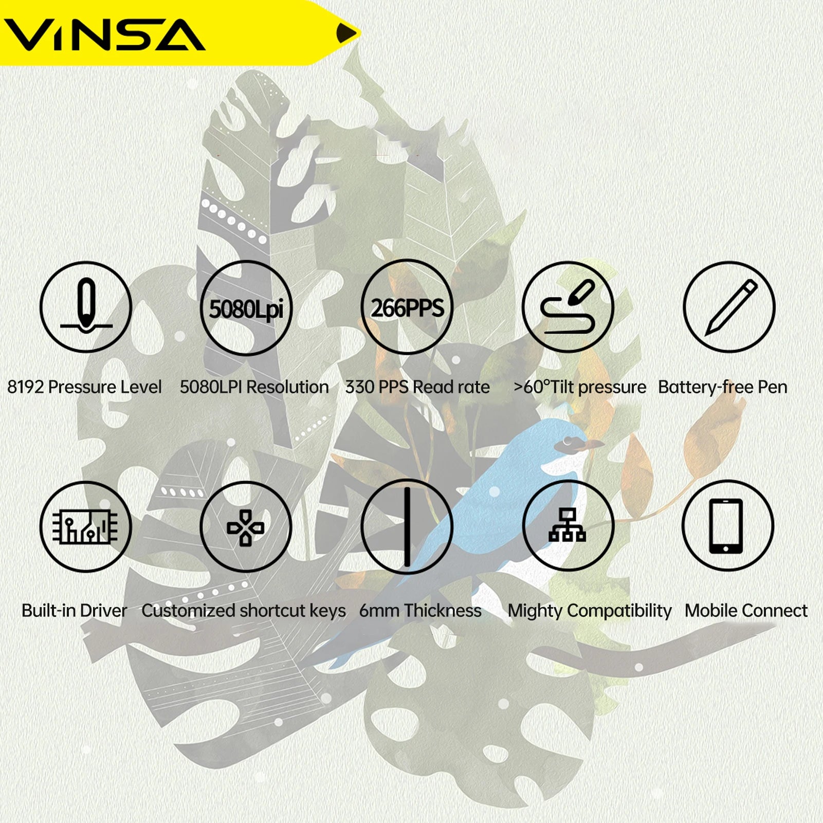 VINSA T1161 Graphics Drawing Tablet Ultra-thin Art Creation Sketch with Battery-free Stylus 8 Pen Nibs 8192 Levels Pressure