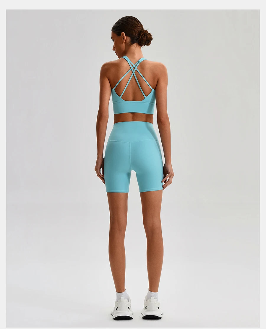 Buttery Soft Nylon Yoga Set Crisscross Back Sports Bra High Waist Biker Shorts 2 Piece Gym Set Workout Outfit Women Activewear