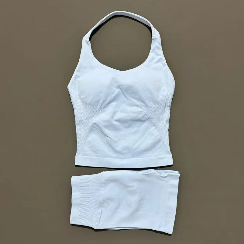 2pcs Sports Set Women Backless Tank Tops High Waist Scrunch Seamless Shorts Fitness Clothes Activewear Workout Sets Gym Suit