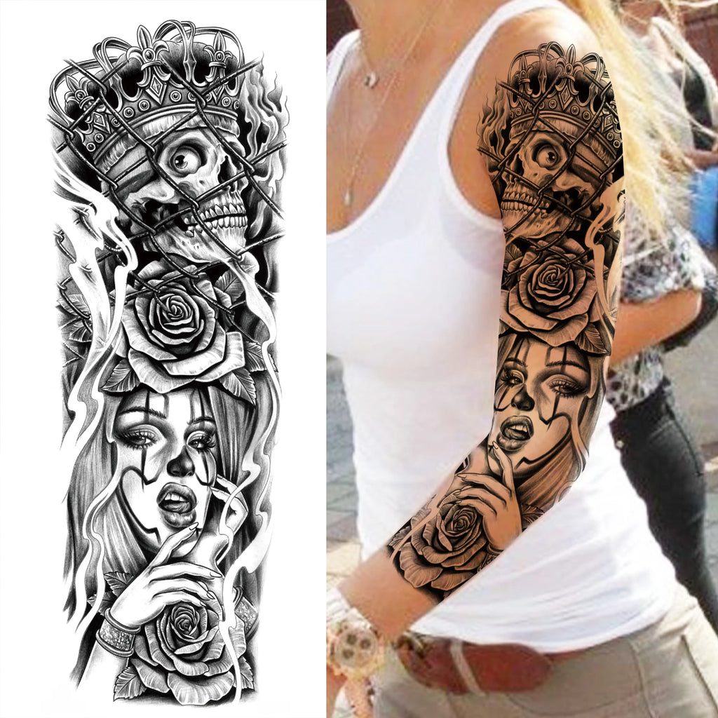 1 Sheet Full Arm Compass Zeus Skull Tiger Lion Flower Temporary Tattoos Sleeve For Men Women Adults Fake Temp Sticker Tattoo