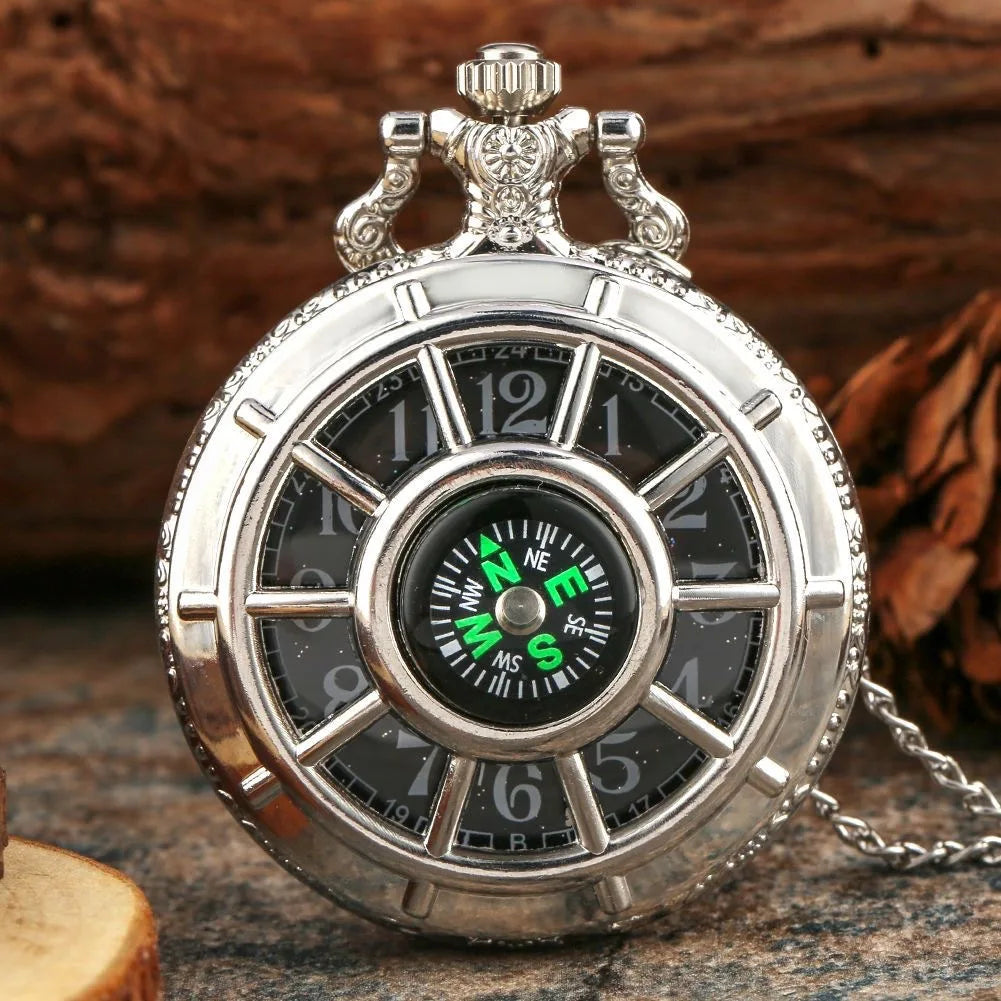Fashion hollowed out compass pocket watch, outdoor creative flip necklace watch, male and female digital quartz watch