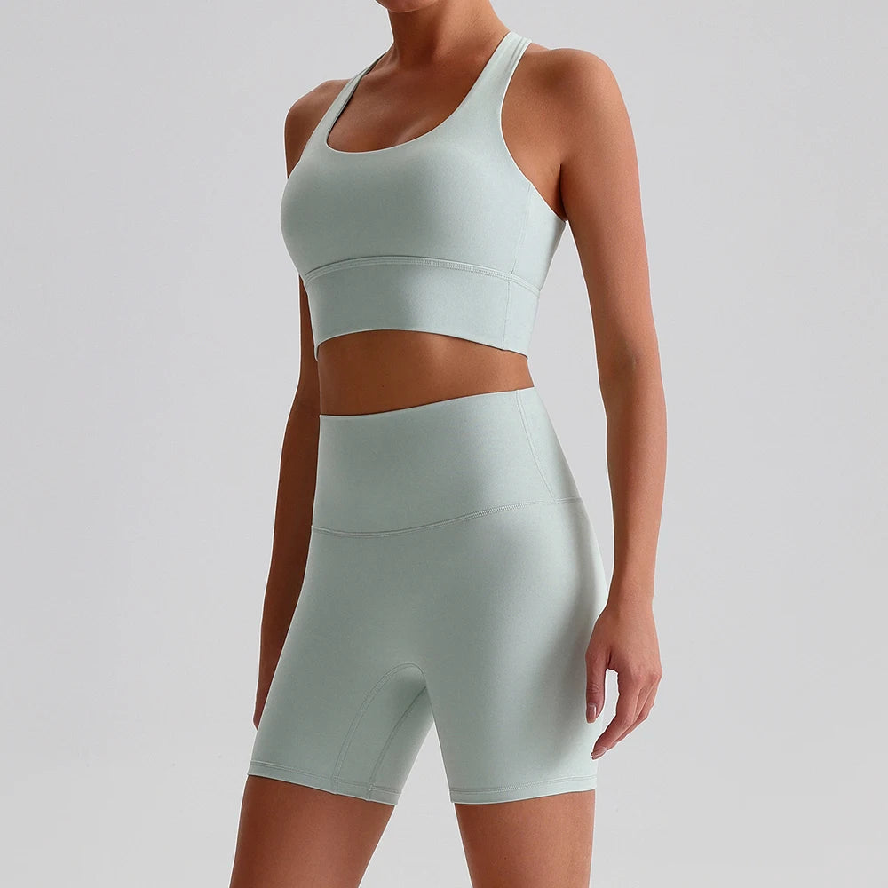 Buttery Soft Nylon Yoga Set Crisscross Back Sports Bra High Waist Biker Shorts 2 Piece Gym Set Workout Outfit Women Activewear