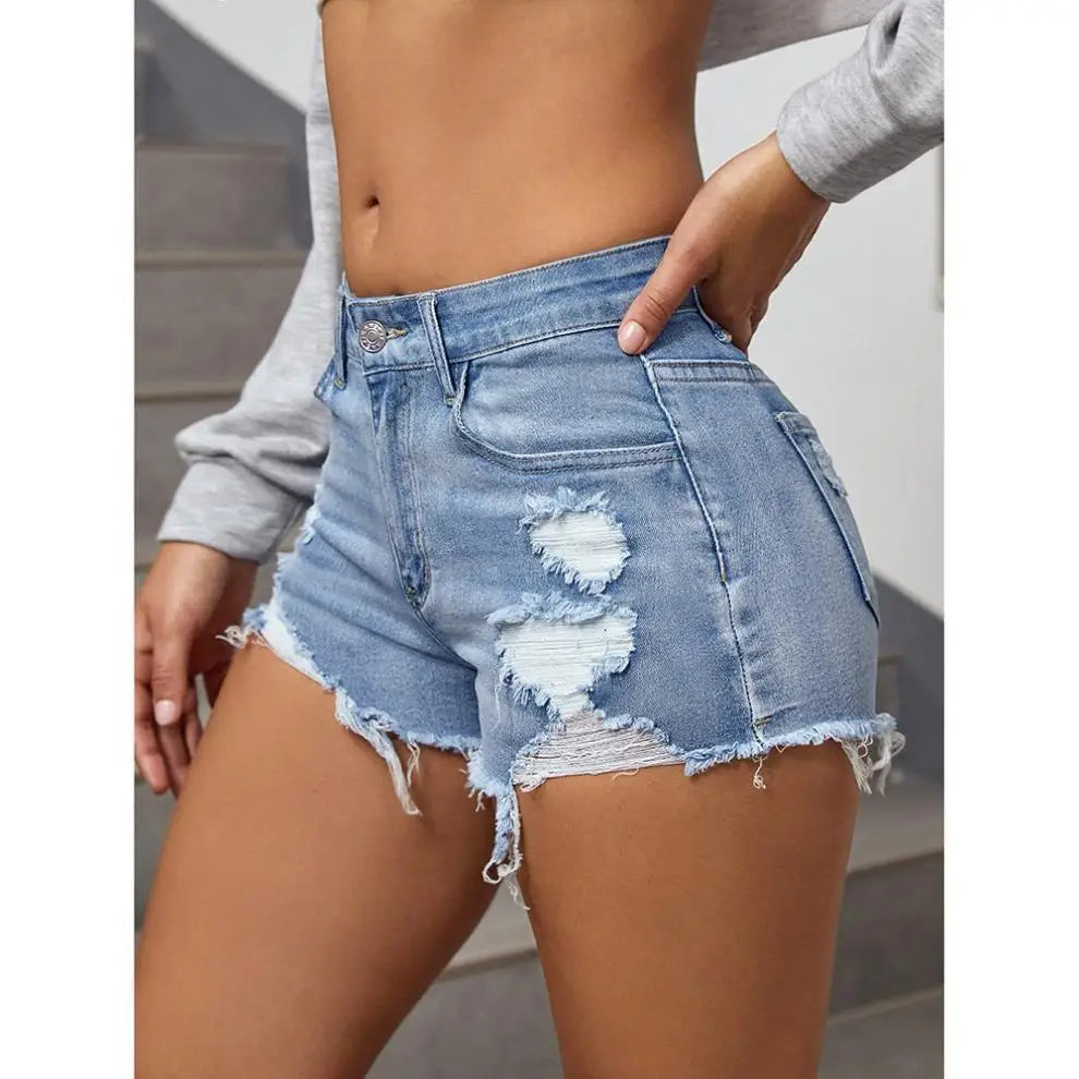 Women Ripped Denim Shorts Raw Hem Distressed A-line High Waist Summer Streetwear Skinny Hot Pants Fashion Leisure Clothing
