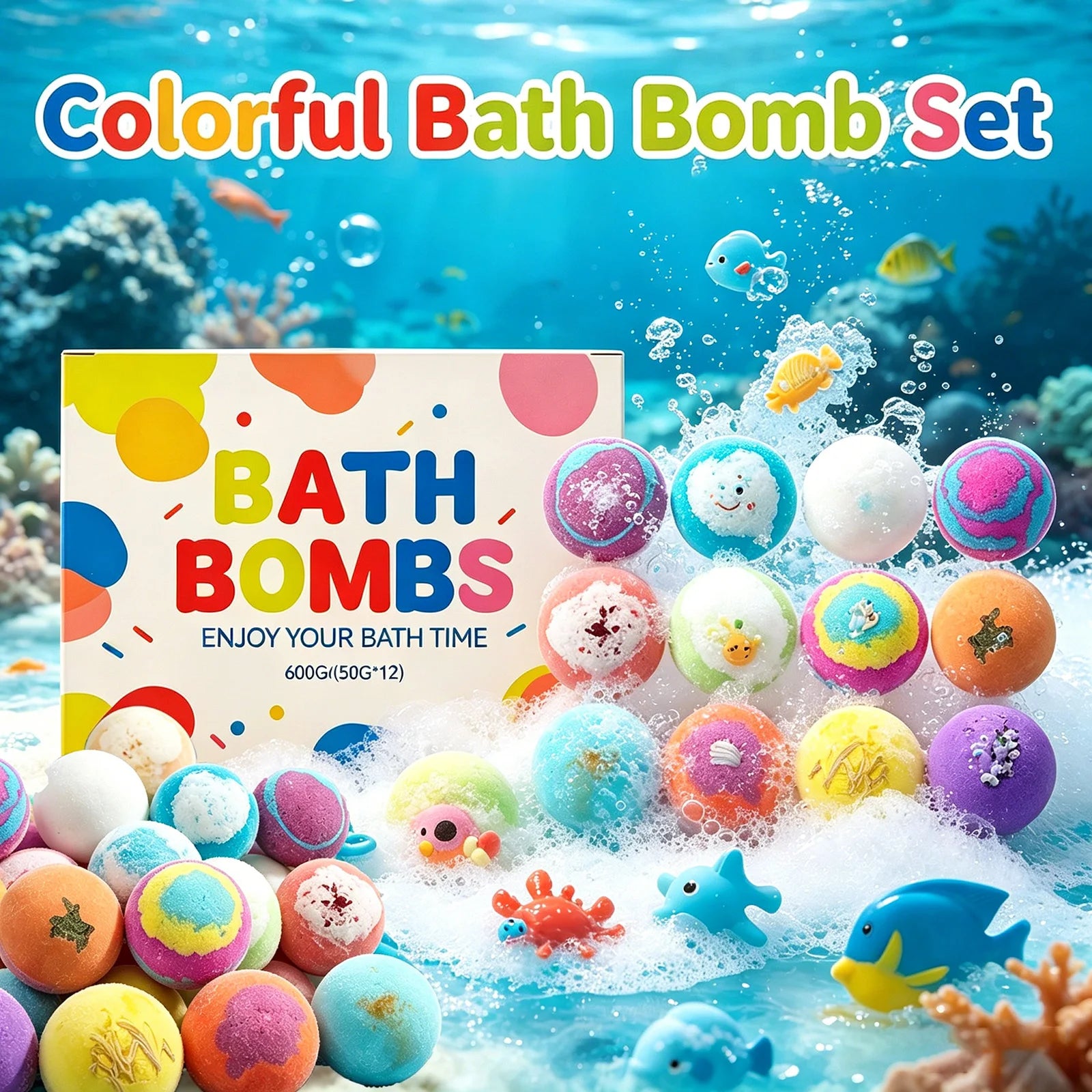 12pcs Kids Bath Bombs Set with Surprise Toys Inside Natural Organic Bubble Bath Fizzies Balls Gift for Children Holiday Gift Set Main image