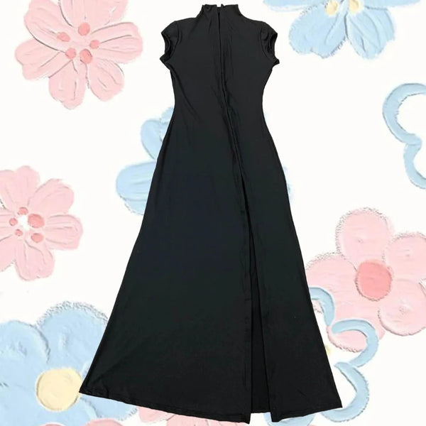 Black High Slit Dresses Half Turtleneck Zipper Slim Hip-Wrapped Long skirt Sexy Hot Girl Nightclub Dress For Women Streetwear