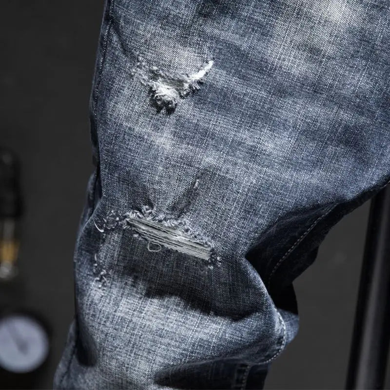 American Elastic Straight Jeans Men Ripped Worn-out Slim-fit Cotton Denim Pants Korean Style Fashion Blue Black Men's Clothing
