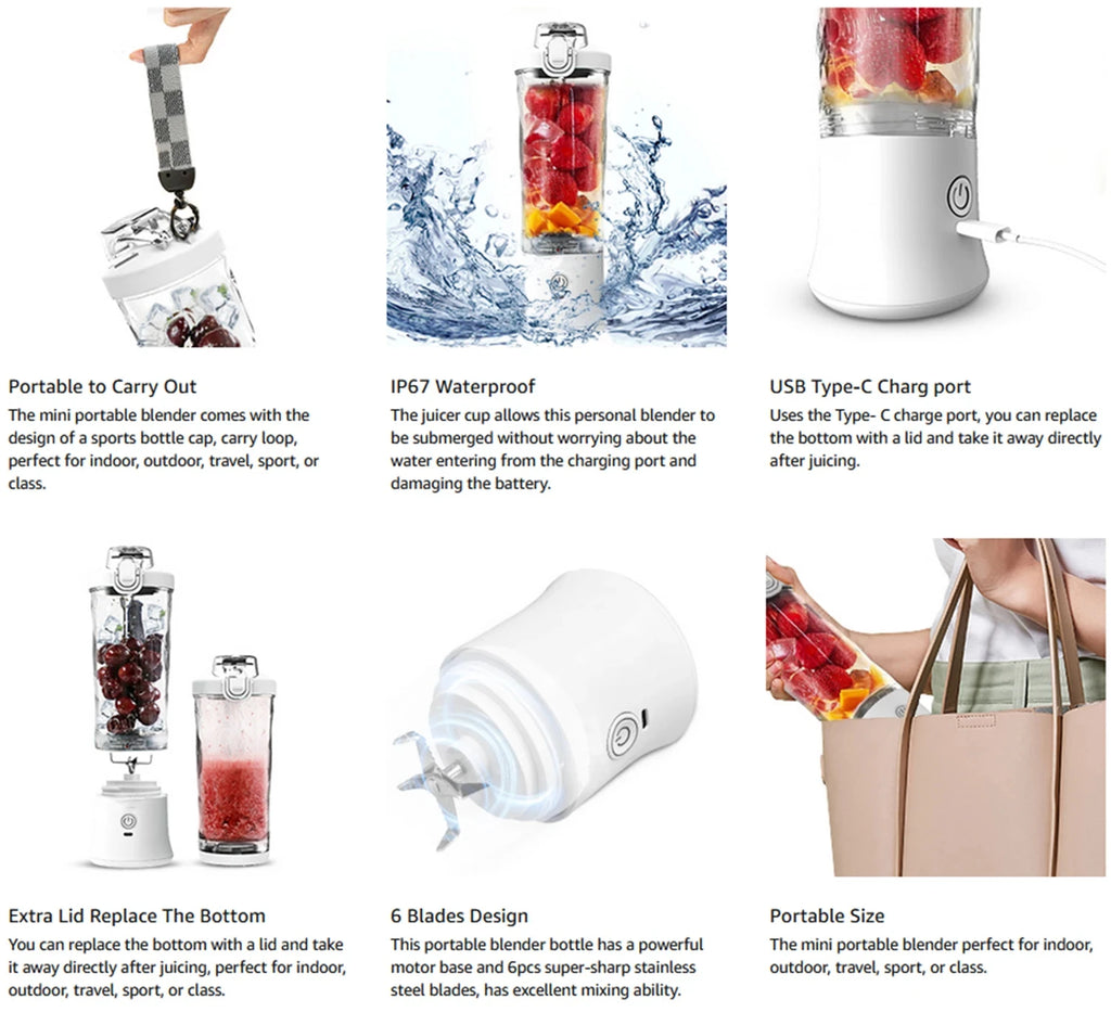 New Portable Blender 600ML Electric Juicer Fruit Mixers 4000mAh USB Rechargeable Smoothie Mini Blender Personal Juicer Colorf