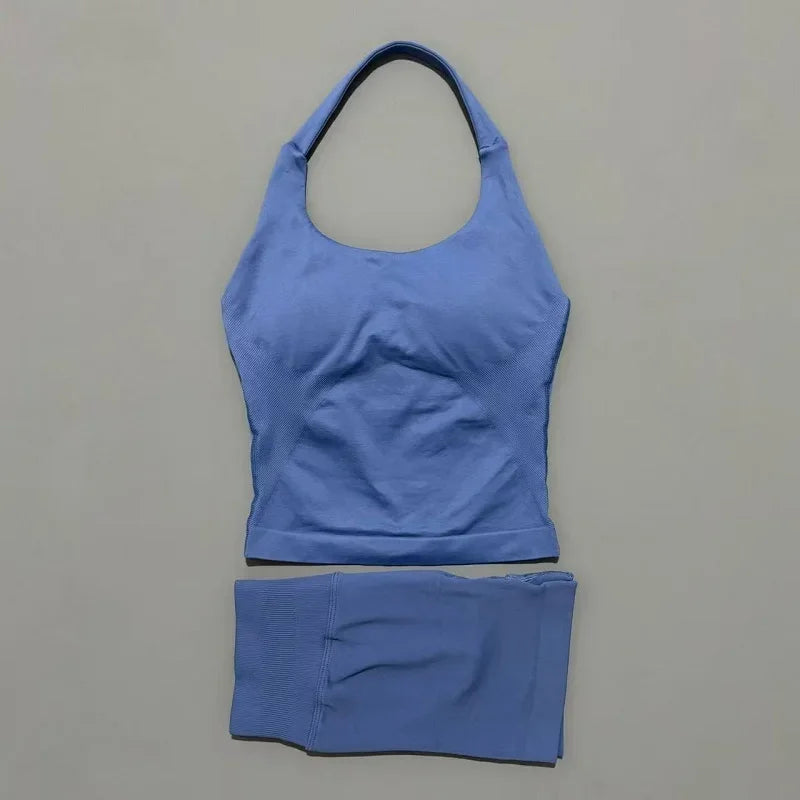 2pcs Sports Set Women Backless Tank Tops High Waist Scrunch Seamless Shorts Fitness Clothes Activewear Workout Sets Gym Suit