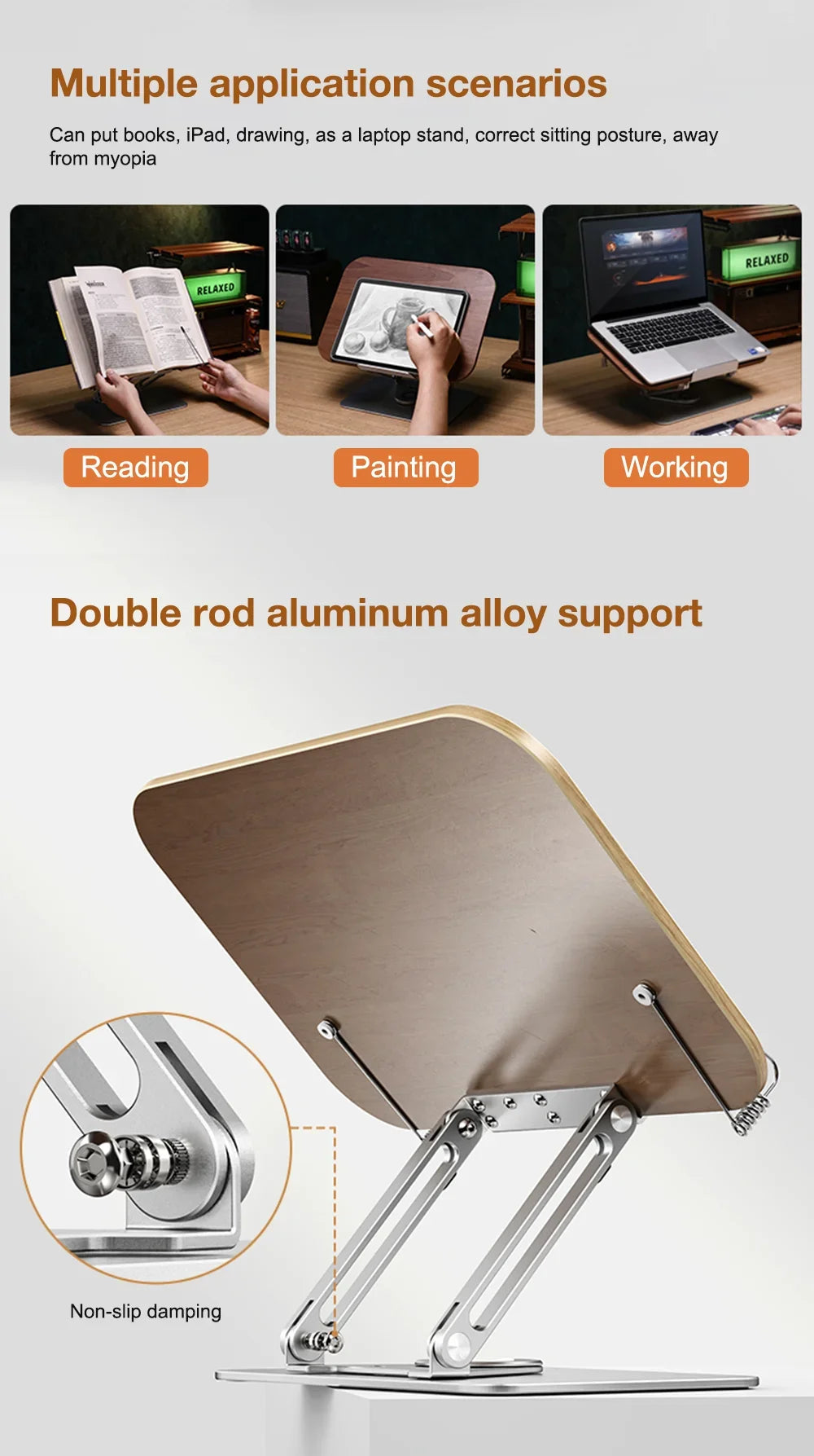 FORZOLA 360° Rotating Walnut Wood Reading Stand Student Reading Desktop Foldable Holder Book Ipad Tablet Notebook Laptop Bracket