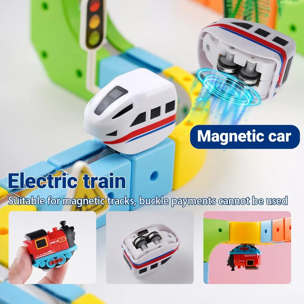 Magnetic Electric Train Car Locomotive Wooden Track Slot Diecast Railway With Two Carriages Train Wood Kid Toy Biro Track Main image