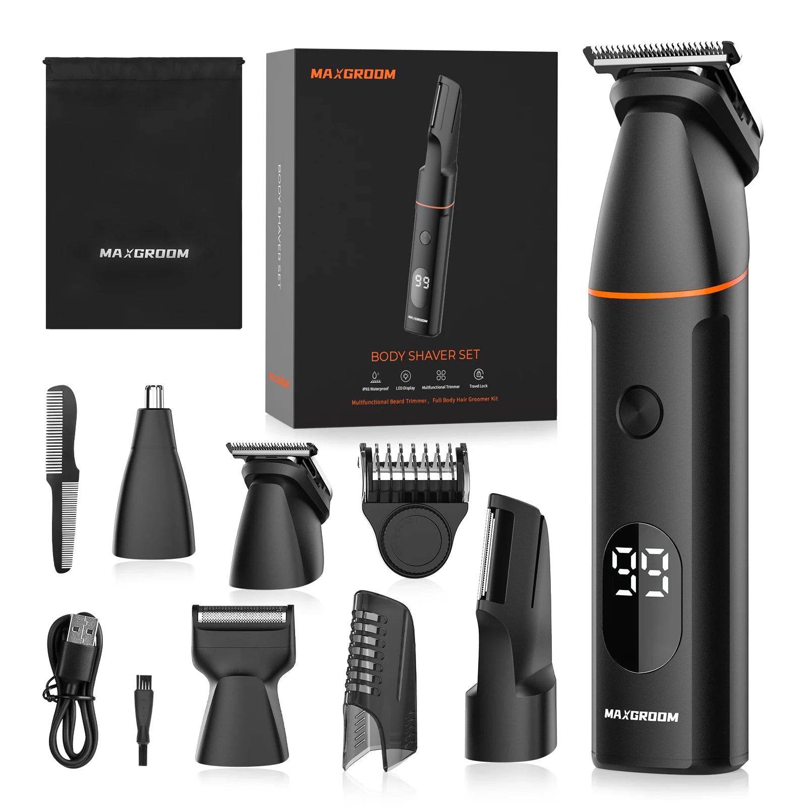 MAXGROOM Manscape Body Hair Trimmer 4 in 1 IPX6 Waterproof Pubic & Groin Shave Electric Grooming Kit for Men Nose Beard Trimmer