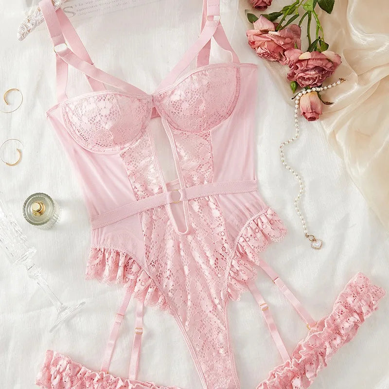 2pcs Red Floral Lace Garter Lingerie Set With Choker Women Intimates 2025 Underwire Bra And Thongs Ladies Underwear Set Main image