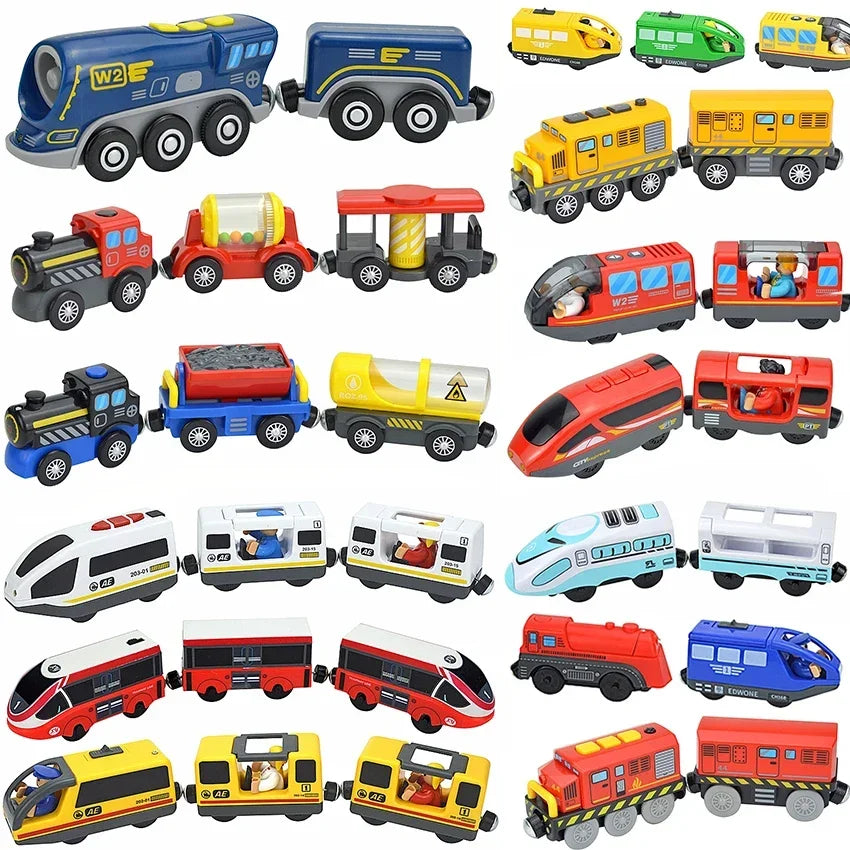 Magnetic Electric Train Car Locomotive Wooden Track Slot Diecast Railway With Two Carriages Train Wood Kid Toy Biro Leduo Track Main image