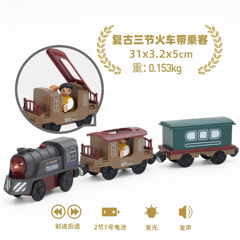 wooden Electric car set Magnetic Electric Train with Little Doll Diecast Slot Toy set Compatible Railway Wood Track Rail Train