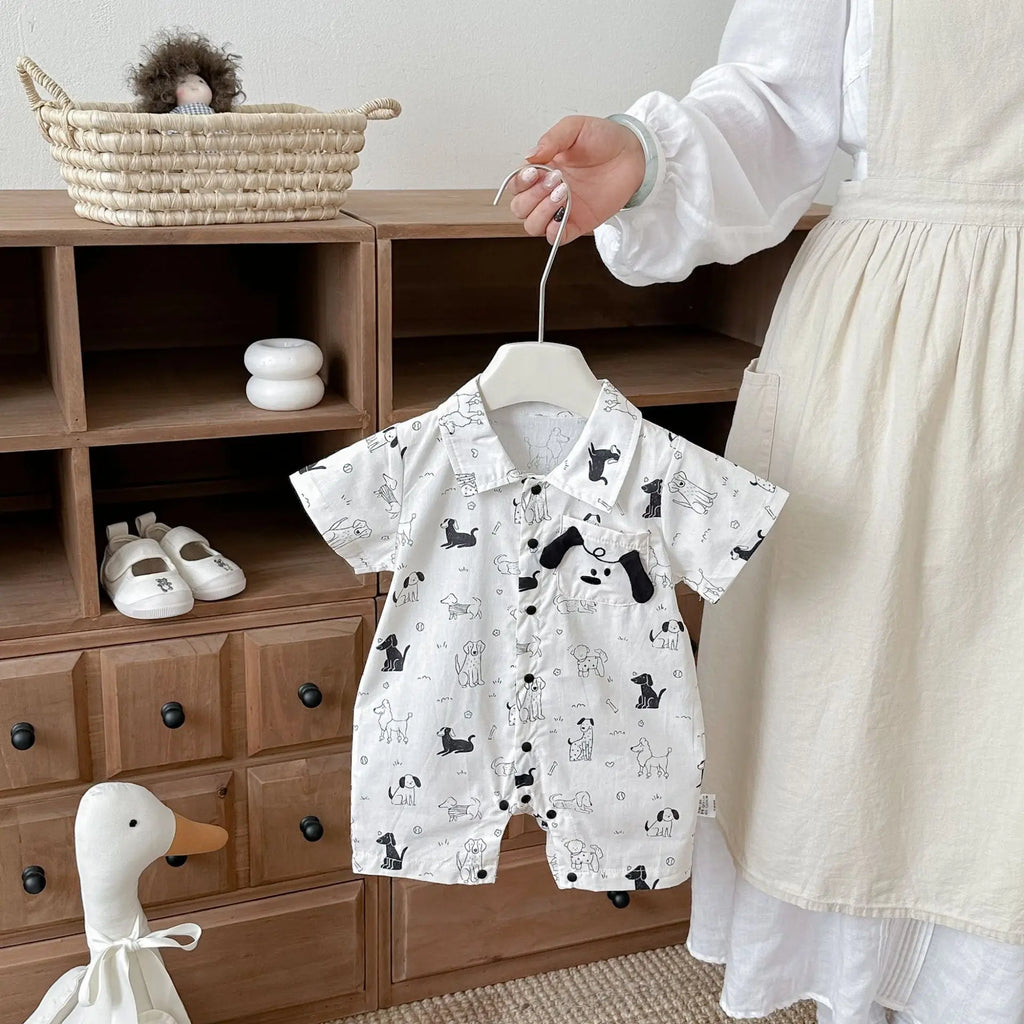 0-2Y Summer Baby Boy Clothes Full Of Dog Print Single Breasted Toddler Rompers Short Sleeve Cute Baby Boy Outfit