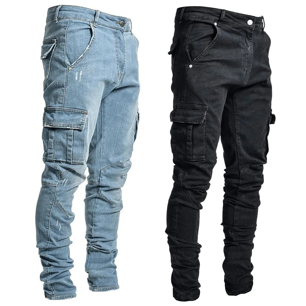 Street Elastic Jeans Men Denim Cargo Pants Wash Solid Color Multi Pockets Casual Mid Waist Trousers Slim Fit Daily Wear Joggers Main image